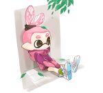  1boy against_wall black_eyes black_shorts closed_mouth full_body inkling inkling_boy jacket leaf multicolored_clothes multicolored_jacket pink_hair pink_jacket pointy_ears purple_jacket short_hair shorts sitting sleeves_past_fingers sleeves_past_wrists solo spl8ya splatoon_(series) tentacle_hair thick_eyebrows two-tone_jacket 