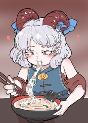  blue_bow blue_vest bow bowl chopsticks detached_sleeves eating food goat_horns highres horns marinne noodles pointy_ears ramen red_eyes touhou toutetsu_yuuma vest white_hair 