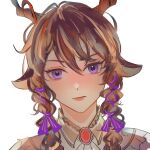  animal_ears arknights braid brown_hair character_request check_character closed_mouth collared_shirt ebenholz_(arknights) flower hair_between_eyes hair_flower hair_ornament hair_ribbon highres honeywilde horns long_hair looking_at_viewer petals pink_flower portrait purple_ribbon ribbon shirt simple_background smile solo twin_braids upper_body violet_eyes white_background white_shirt 