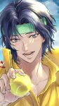  1boy artist_name ball blue_hair close-up clouds collared_shirt green_headband hair_between_eyes headband highres holding holding_ball lips male_focus open_mouth parted_bangs shirt sky solo sportswear ten0u0 tennis_ball tennis_no_ouji-sama tennis_uniform violet_eyes yellow_shirt yukimura_seiichi 