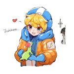  1boy 1girl absurdres animification apex_legends black_eyes black_hair blonde_hair blue_bodysuit blue_eyes blue_gloves bodysuit crypto_(apex_legends) gloves hack_(apex_legends) heart highres holding holding_stuffed_toy hood hood_down hood_up hooded_bodysuit hooded_jacket jacket nessie_(respawn) non-humanoid_robot orange_jacket ribbed_bodysuit robot solid_eyes stuffed_toy upper_body wattson_(apex_legends) white_background white_bodysuit yuci_baobao 