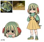  1girl :&lt; black_eyes blonde_hair blush child colored_sclera creature_and_personification full_body gegegekman green_footwear green_hair green_sclera green_sweater hair_between_eyes highres long_sleeves multicolored_hair multicolored_sclera multiple_views original photo_inset redhead reference_inset shy signature skirt socks streaked_hair suspender_skirt suspenders sweater tail turtle turtle_girl turtle_shell turtleneck turtleneck_sweater white_background white_socks yellow_sclera 