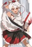  1girl absurdres asuka_shirou black_skirt detached_sleeves highres holding holding_shield inubashiri_momiji looking_at_viewer pom_pom_(clothes) red_eyes red_skirt shield shirt sketch skirt solo touhou two-tone_skirt white_background white_hair white_shirt white_sleeves 