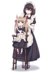 2girls 40hara alternate_hairstyle animal_ear_fluff animal_ears apron black_dress black_hair blunt_bangs cat_ears cat_girl cat_tail commentary_request dress frilled_apron frills full_body green_eyes hair_ribbon highres itou_chitose iya_na_kao_sare_nagara_opantsu_misete_moraitai kinako_(40hara) long_dress long_hair looking_at_another maid maid_apron multiple_girls original oversized_clothes pink_ribbon puffy_short_sleeves puffy_sleeves red_ribbon ribbon short_hair short_sleeves simple_background sitting tail twintails twintails_day tying_hair white_background 