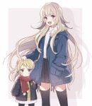  2girls arm_at_side axis_powers_hetalia black_jacket black_pantyhose black_skirt black_thighhighs blonde_hair blue_eyes blue_jacket blush child closed_mouth clothes_grab denim denim_skirt dress drop_shadow fang floating_hair fur-trimmed_jacket fur_trim genderswap genderswap_(mtf) grey_hair hair_flaps hand_in_pocket hand_on_another&#039;s_head hand_up highres holy_roman_empire_(hetalia) jacket long_hair miniskirt multiple_girls open_mouth outside_border pantyhose prussia_(hetalia) red_scarf scar scar_on_cheek scar_on_face scarf shio_konbu_(syoko128) short_hair shy side-by-side skirt standing sweater thigh-highs turtleneck turtleneck_sweater very_long_hair violet_eyes white_dress white_sweater yellow_sweater zettai_ryouiki 