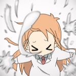  &gt;_&lt; 1girl blurry blurry_foreground closed_eyes coat collared_shirt floating_hair komugiko lab_coat long_hair long_sleeves lowres necktie nichijou orange_hair outstretched_arms professor_shinonome red_necktie shirt simple_background sneezing snot solo splashing spread_arms white_background white_coat white_shirt 