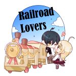 1boy 1girl ahoge akamatsu_kaede black_hair blonde_hair brown_eyes chibi clouds danganronpa_(series) danganronpa_v3:_killing_harmony english_text hair_between_eyes heart hetero highres kiss long_hair one_eye_closed pink_vest red_skirt saihara_shuichi skirt train unyull_(qkralsrudchlrh) vest