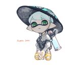  1boy blue_hair full_body green_eyes grey_sweater hat ink_tank_(splatoon) inkling inkling_boy own_hands_together parted_lips pointy_ears rice_hat sandals short_hair simple_background sitting socks solo spl8ya splatoon_(series) sweater tentacle_hair white_background white_socks yellow_footwear 