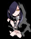  1girl black_background chain cloak collar hair_over_one_eye highres hood hood_up long_hair looking_at_viewer original own_hands_together parted_lips purple_hair samekomusousaku sketch solo upper_body yellow_eyes 