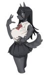 1girl animal_ears black_fur black_hair black_skirt blue_eyes bow bowtie breasts eyebrows eyelashes furry furry_female hand_on_own_hip highres hutomayuu hutomayuuo large_breasts light_blush long_hair miniskirt open_mouth original pawpads pleated_skirt red_bow red_bowtie school_uniform shirt short_sleeves skirt snout tail white_background white_shirt