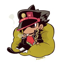  1boy animal_ears bean_bag_chair black_coat black_hair black_pants brown_eyes cat_ears cat_tail chibi chibi_only cigarette coat earrings full_body hat hat_over_one_eye holding holding_cigarette jewelry jojo_no_kimyou_na_bouken kotorai kujo_jotaro long_sleeves looking_ahead male_focus no_nose pants red_shirt shirt simple_background smoke_trail smoking solo tail white_background 