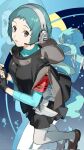  1girl aqua_hair blue_background brown_eyes brown_footwear commentary eyelashes full_body grey_hoodie highres hood hoodie looking_at_viewer nao_(syn_eaa) parted_lips persona persona_3 persona_3_reload shoes short_hair solo thigh-highs white_thighhighs yamagishi_fuuka zipper zipper_pull_tab zoom_layer 