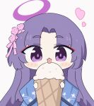  1girl animated animated_gif blue_archive blue_kimono blush_stickers chibi commentary_request eating fang food hair_ornament halo heart holding_ice_cream_cone ice_cream japanese_clothes kimono long_hair long_sleeves looking_at_viewer parted_bangs purple_hair purple_halo skin_fang solo tongue tongue_out umihio upper_body violet_eyes yukari_(blue_archive) yukata 