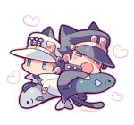  2boys androgyne_symbol animal_ears black_coat black_hair black_headwear blue_eyes cat_ears cat_tail chibi chibi_only coat dual_persona earrings fang full_body hat heart jewelry jojo_no_kimyou_na_bouken kotorai kujo_jotaro male_focus multiple_boys sideburns stuffed_animal stuffed_fish stuffed_toy tail white_background white_coat white_headwear 