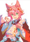  1boy androgynous animal_ears apron blush ensemble_stars! fox_boy fox_ears fox_tail green_eyes hanyu0817 himemiya_tori japanese_clothes kimono koi_koi_cafe_(ensemble_stars!) male_focus official_alternate_costume open_mouth paw_print pink_hair red_kimono short_hair smile solo tail white_apron 