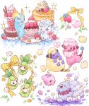  alolan_vulpix amaura animal_focus black_eyes blue_eyes blue_skin bow bright_pupils candle closed_eyes colored_skin commentary_request cream dog eyelashes fangs flaaffy floating fluffy food freckles fruit greavard green_hair grey_fur highres hyoudo_(d2_isu) ice_cream maple_syrup mareep multiple_tails munna no_humans one_eye_closed open_mouth pancake petilil pokemon pokemon_(creature) red_eyes sheep simple_background skin_fangs smile sparkle standing standing_on_one_leg strawberry tail violet_eyes white_background white_pupils white_skin yellow_bow 