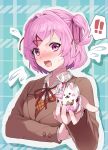  1girl absurdres angry animal-themed_food aqua_background arm_under_breasts blazer blush bob_cut bow bowtie breasts brown_jacket brown_sweater_vest collared_shirt commentary cropped_torso cupcake doki_doki_literature_club dress_shirt embarrassed english_commentary fang flying_sweatdrops food hair_ornament hair_ribbon highres incoming_food jacket looking_at_viewer name_tag natsuki_(doki_doki_literature_club) neck_ribbon nose_blush outline pink_eyes pink_hair plaid plaid_background reaching reaching_towards_viewer red_bow red_bowtie red_ribbon ribbon school_uniform shirt short_hair small_breasts sweat sweater_vest swept_bangs tsundere two_side_up upper_body v-shaped_eyebrows white_outline white_shirt x_hair_ornament xantam0129 