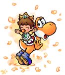  1boy 1girl baby baby_daisy bib blue_footwear blush_stickers boots brown_hair closed_eyes crown full_body highres keidontlie looking_at_viewer official_style open_mouth orange_petals pacifier simple_background super_mario_bros. white_background yoshi yoshi&#039;s_island_ds yoshi&#039;s_island_ds_(style) 