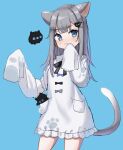  1girl absurdres animal_ears blue_background blue_eyes blush bow cat_ears cat_girl cat_tail collared_dress commentary dress frilled_dress frills grey_hair hair_ornament highres indie_virtual_youtuber long_hair long_sleeves looking_to_the_side mirami_(tatarim39) nachoneko neck_ribbon paw_print pocket ribbon sleeves_past_fingers sleeves_past_wrists smile solo stuffed_animal stuffed_cat stuffed_toy symbol-only_commentary tail virtual_youtuber 