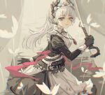  1girl absurdres apron arknights black_dress black_gloves chinese_commentary collared_dress commentary dress frilled_apron frills gloves grey_eyes grey_hair head_wings highres holding holding_sword holding_weapon irene_(arknights) irene_(voyage_of_feathers)_(arknights) juliet_sleeves liangkuaiquqi91236 long_hair long_sleeves looking_at_viewer ponytail puffy_sleeves red_eyes solo sword very_long_hair weapon white_apron wings 