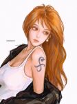  1girl absurdres arm_tattoo artist_name bare_shoulders chinese_commentary closed_mouth commentary_request earrings highres jewelry long_hair meidaoxxri nami_(one_piece) one_piece orange_eyes orange_hair simple_background sleeveless solo tank_top tattoo white_background 