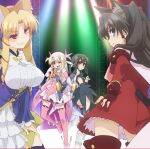  4girls animal_ears bare_shoulders black_hair blonde_hair blue_eyes boots bow breasts brown_hair cape cat_ears cat_girl commentary_request detached_sleeves dress fake_animal_ears fake_tail fate/kaleid_liner_prisma_illya fate_(series) feather_hair_ornament feathers gloves hair_between_eyes hair_ornament hand_on_own_thigh highres holding illyasviel_von_einzbern large_breasts light long_hair looking_at_viewer luviagelita_edelfelt magical_girl magical_ruby magical_sapphire miyu_edelfelt multiple_girls no_nose official_art open_mouth pink_dress pink_footwear pink_thighboots pink_thighhighs prisma_illya purple_sleeves red_dress red_eyes shoes sleeveless sleeveless_dress solo stage_lights straight_hair tail thigh-highs thighs tohsaka_rin white_gloves yellow_eyes zettai_ryouiki 