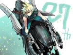  1boy armor black_footwear blonde_hair blue_eyes buster_sword cloud_strife commentary_request con_cho2 final_fantasy final_fantasy_vii final_fantasy_vii_remake full_body gloves highres looking_to_the_side male_focus motor_vehicle motorcycle on_motorcycle ribbed_sweater short_hair shoulder_armor single_bare_shoulder sitting sleeveless sleeveless_turtleneck solo spiky_hair sweater sword sword_on_back turtleneck turtleneck_sweater weapon weapon_on_back 