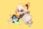  2boys anger_vein blonde_hair closed_eyes closed_mouth full_body inkling_boy inkling_player_character lying medium_hair multiple_boys octopus on_stomach pointy_ears short_hair simple_background sitting spl8ya splatoon_(series) tentacle_hair v-shaped_eyebrows violet_eyes white_hair yellow_background zzz 