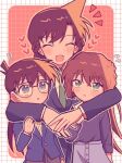  1boy 2girls :d :o age_difference blue_jacket blush brown_hair edogawa_conan facing_viewer glasses green_eyes green_necktie haibara_ai heart highres hug jacket long_hair meitantei_conan mia_(mi_a)/_mei mouri_ran multiple_girls necktie orange_background shirt shorts smile white_background white_shirt 