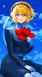  1girl aegis_(persona) black_skirt blonde_hair blue_eyes blue_sky bow chomin clouds commentary_request eyelashes headphones highres korean_commentary parted_lips pencil_skirt persona persona_3 persona_3_reload pink_lips red_bow short_hair sitting skirt sky smile solo 