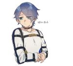  1boy 4okan23 black_choker blue_eyes blue_hair choker closed_mouth expressionless facing_viewer gold_necklace jewelry looking_down looking_to_the_side male_focus milgram necklace sakurai_haruka_(milgram) shirt short_hair solo translation_request white_shirt 