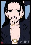  1girl absurdres arm_behind_head black_border black_nails black_shirt blue_border blue_eyes border chris_re5 close-up copyright_name earrings english_commentary hair_slicked_back highres jewelry looking_at_viewer loose_hair_strand nico_robin one_piece pink_lips ring shirt watch watch 