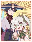  1boy 1girl :o :p black_bow black_hair black_shirt blue_headwear blue_ribbon blush border bow bracelet bright_pupils closed_mouth cross-shaped_pupils detached_sleeves dress emphasis_lines eyelid_pull genshin_impact gold_trim gradient_hair green_dress green_eyes green_hair green_sleeves hair_between_eyes hair_ornament hand_up hat hat_ribbon highres jacket jewelry jingasa long_hair looking_at_another looking_at_viewer multicolored_hair nahida_(genshin_impact) nploser open_mouth pointy_ears purple_sash ribbon sash scaramouche_(genshin_impact) shirt short_hair short_sleeves side_ponytail sidelocks simple_background sleeveless sleeveless_dress sleeveless_shirt smile sweatdrop symbol-shaped_pupils tongue tongue_out v-shaped_eyebrows violet_eyes wanderer_(genshin_impact) white_border white_dress white_hair white_jacket white_pupils wide-eyed yellow_background 