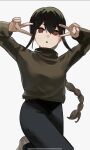  1girl black_hair black_pants braid brown_hair brown_sweater chainsaw_man double_v gradient_hair hands_up highres leg_up long_hair multicolored_hair nayuta_(chainsaw_man) orange_eyes pants ringed_eyes simple_background single_braid solo sweater v white_background yu_ni_taro 