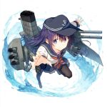  1girl adapted_turret akatsuki_(kancolle) anchor_symbol black_sailor_collar blush cannon flat_cap hair_ornament hairclip hat highres kantai_collection long_hair long_sleeves machinery neckerchief pantyhose pleated_skirt purple_hair red_neckerchief rigging sailor_collar school_uniform serafuku skirt smokestack torpedo torpedo_launcher torpedo_tubes turret user_mcgg8434 violet_eyes water white_background 