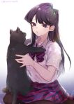  1girl animal animal_ears black_cat black_hair black_pantyhose bow bowtie cat collared_shirt facing_another hair_between_eyes highres holding holding_animal holding_cat itan_private_high_school_uniform kachin komi-san_wa_komyushou_desu komi_shouko long_hair open_mouth pantyhose pleated_skirt school_uniform shirt sitting skirt tail twintails violet_eyes wariza white_shirt 