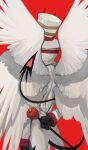  1boy absurdres apple back black_gloves demon demon_boy demon_tail feathered_wings food fruit gloves hazbin_hotel highres lk-9894 lucifer_(hazbin_hotel) multiple_wings solo suit tail white_headwear wings 