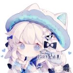  1girl animal_ears animal_hat blue_bow blue_dress blue_eyes blue_sailor_collar blue_sleeves bow cat_ears cat_hair_ornament cat_hat chibi closed_mouth collared_dress commission copyright_notice dress fake_animal_ears flower hair_bow hair_flower hair_ornament hat heart liang_zhi_mu_baibai light_blush light_frown long_hair long_sleeves looking_at_viewer low_twintails multiple_hair_bows original sailor_collar sample_watermark see-through see-through_sleeves sheep_ears simple_background sleeves_past_wrists solo third-party_source twintails upper_body watermark white_background white_footwear white_hair white_headwear 