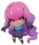  1girl black_hair black_jumpsuit blue_horns chibi closed_mouth daedream dark-skinned_female dark_skin fang fang_out fur_collar gloves gradient_hair grey_gloves hand_up horns jumpsuit long_hair multicolored_hair palworld personification pink_eyes pink_hair purple_hair short_jumpsuit simple_background smile solo tsurime very_long_hair white_background yuma_(pixiv38148735) 