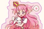  ... 1girl :d animal blonde_hair blue_eyes blush bow bright_pupils brooch cowboy_shot crown cure_wonderful daifuku_(precure) dot_nose dress_bow earrings hairband hakuchuu heart heart_brooch highres holding holding_animal inukai_komugi jewelry long_hair looking_at_viewer magical_girl mini_crown multicolored_eyes multicolored_hair open_mouth paw_print pink_background pink_hair plaid plaid_background pouch precure puffy_sleeves purple_bow rabbit smile spoken_paw standing streaked_hair striped_bow two-tone_hair two_side_up violet_eyes wonderful_precure! wrist_cuffs yellow_hairband 