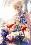  1boy armor belt blonde_hair blue_eyes boots final_fantasy final_fantasy_xii flower gem gloves highres looking_at_viewer male_focus miyama_(lacrima01) outdoors sand short_hair signature sitting smile tree vaan vest 