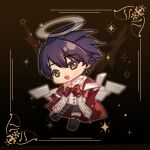  1boy :d arknights black_footwear black_hair black_shorts black_socks bow brown_background brown_eyes character_request chibi duduqiu58136 full_body hair_between_eyes halo highres holding long_sleeves male_focus red_bow shirt shoes shorts smile socks solo striped_bow white_shirt 