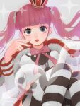  1girl blunt_bangs capelet commentary crop_top crown ghost grey_eyes highres looking_at_viewer love1loooomy mini_crown neck_ribbon one_piece pantyhose perona pink_hair pink_ribbon red_capelet ribbon simple_background solo sparkle striped_clothes striped_pantyhose twintails 