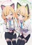  2girls animal_ear_headphones animal_ears black_shorts black_skirt black_thighhighs blonde_hair blue_archive blue_bow blue_necktie blush bow collared_shirt fake_animal_ears green_eyes green_halo hair_bow halo headphones highres kure_(kure_ng) long_sleeves midori_(blue_archive) momoi_(blue_archive) multiple_girls necktie open_mouth pink_halo pleated_skirt red_bow shirt short_hair shorts siblings simple_background sisters skirt smile thigh-highs twins white_background white_shirt 