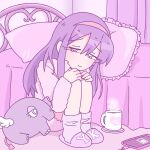  1girl bed cellphone charger closed_mouth coat coffee coffee_mug cup elephant ezaki_bisuko fur_coat hair_between_eyes hairband highres long_hair looking_at_animal loose_socks menhera-chan_(ezaki_bisuko) mug phone pillow pink_hairband plate purple_coat purple_footwear purple_hair purple_socks purple_theme sad sidelocks sitting slippers smartphone socks tail violet_eyes wavy_mouth wings yumekawa-chan_(ezaki_bisuko) 