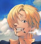  1boy absurdres black_eyes blonde_hair chinese_commentary cigarette clenched_teeth clouds cloudy_sky commentary_request curly_eyebrows facial_hair formal goatee hair_over_one_eye highres looking_at_viewer male_focus mouth_hold one_eye_covered one_piece outdoors rita_ya sanji_(one_piece) short_hair sky smile smoke solo suit teeth 