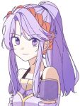  1girl bare_shoulders closed_mouth detached_sleeves dress fire_emblem fire_emblem:_genealogy_of_the_holy_war fukui hairband long_hair looking_at_viewer ponytail purple_dress purple_hair red_hairband smile solo tailtiu_(fire_emblem) upper_body violet_eyes white_background 
