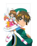  1girl absurdres boots brown_hair cardcaptor_sakura child closed_mouth gloves green_eyes green_headwear highres kero kinomoto_sakura li_syaoran magical_girl official_art open_mouth short_hair white_gloves wings 