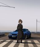  1girl absurdres asamiya_mariko black_footwear black_skirt black_sweater blue_eyes boots brown_hair car collared_shirt fog highres holeecrab long_sleeves looking_at_viewer motor_vehicle nissan nissan_s14_silvia nissan_silvia original outdoors shadow shirt short_hair skirt smile solo sports_car standing sweater 