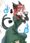  1girl :3 :d animal_ears bow braid cat_ears cat_tail clenched_hands dress fang ghost green_dress hair_bow hitodama kaenbyou_rin looking_at_viewer multiple_tails paw_pose puffy_sleeves pukupuku386 red_eyes redhead simple_background skull slit_pupils smile solo tail touhou twin_braids two_tails 